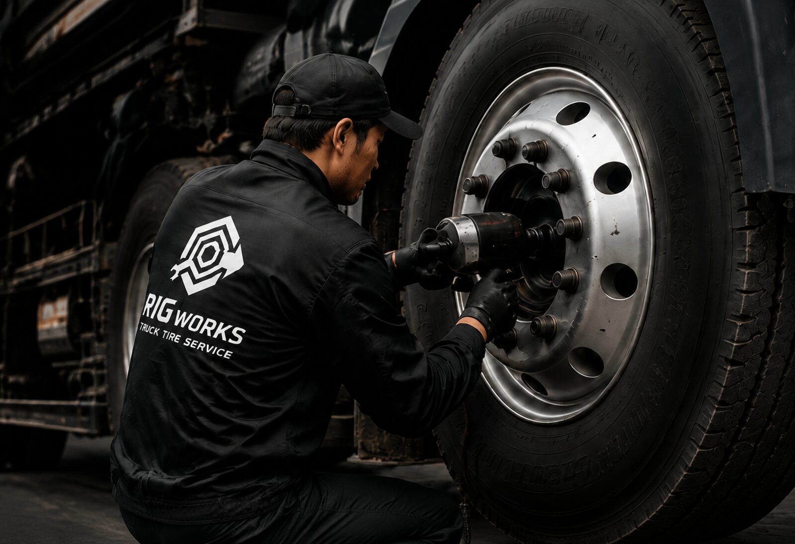 RIG WORKSのスタッフがトラックのホイールを整備している様子